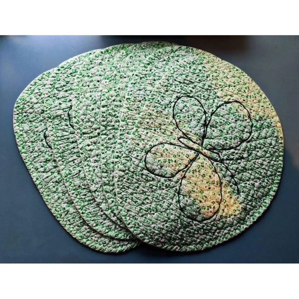 Handmade‎ Quilted Butterfly Set of 6 Placemats Green Floral Reversible